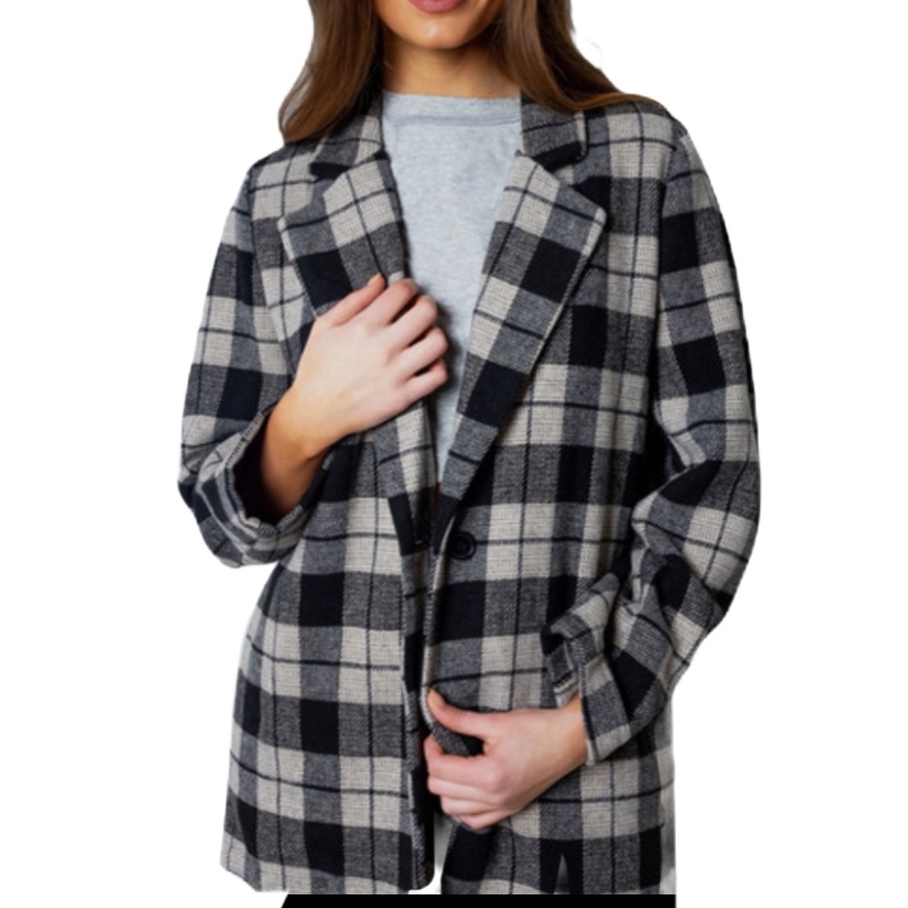 Fornia x Dillards Women’s Brushed Tweed Plaid Blazer Black Gray NWT • XS